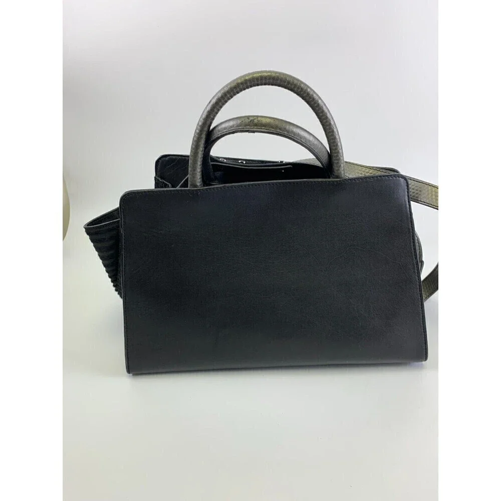 BOGO Zac Posen Satchel Purse Black Leather Fur Stripes Tote Crossbody Strap Snap - Picture 4 of 16